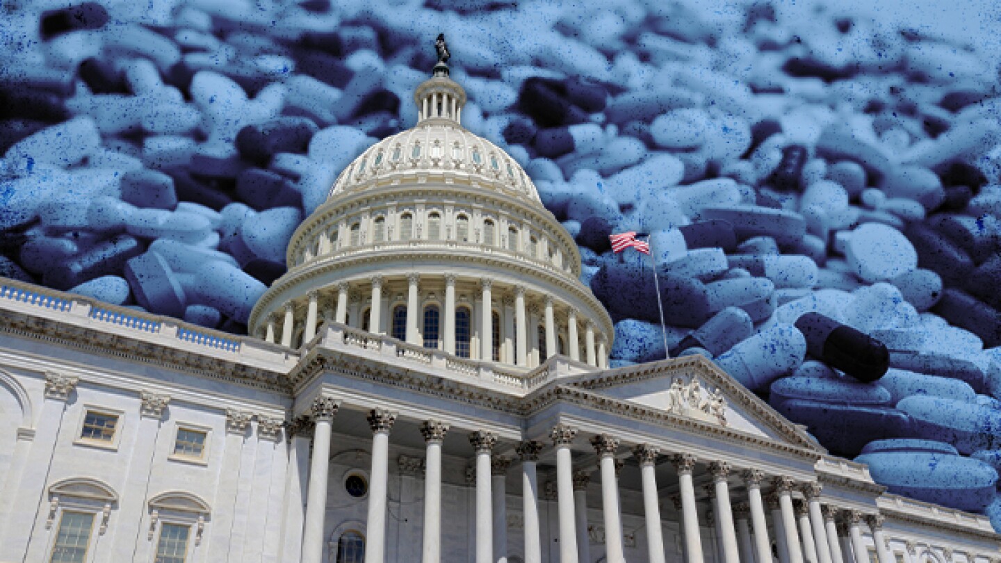 Pictured: Congress building over pill background/T