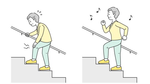 Illustration of an elderly woman climbing the stairs cheerfully and an elderly woman who looks distressed