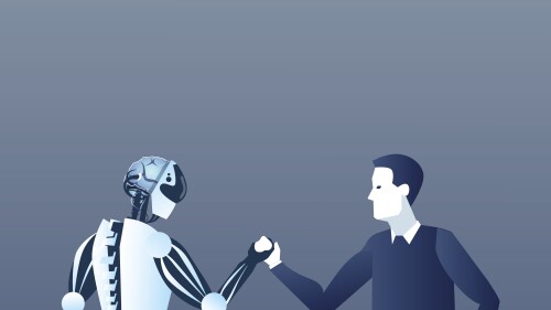 People And Robots Handshake Modern Human And Artificial Intelligence Futuristic Mechanism Technology Vector Illustration