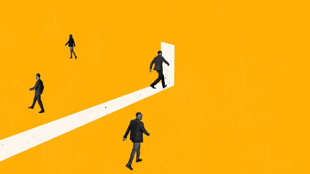 Contemporary art collage. Businessmen, employees walking into open door symbolizing new opportunities. Way to success. Concept of business, promotion, motivation, ambitions and ideas