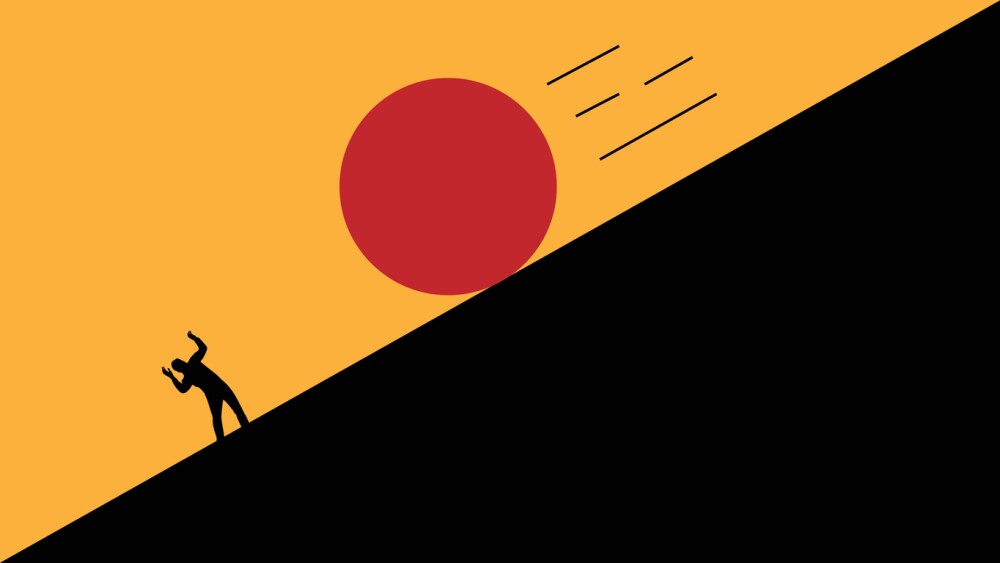 Illustration of red boulder/ball rolling down toward businessman